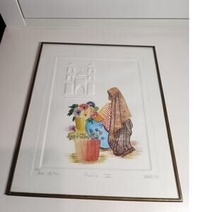 Vintage handmade Ink original embossed art thin metal framed glass w/ hook